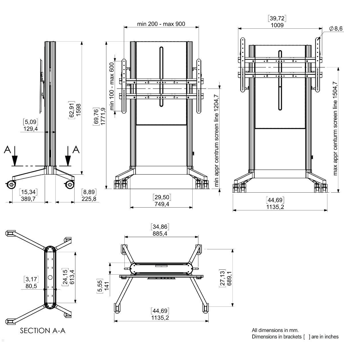 SMS EVER620 mobiler TV Ständer 98 Zoll, Alu Cover schwarz (16-010-1C), technische Zeichnung