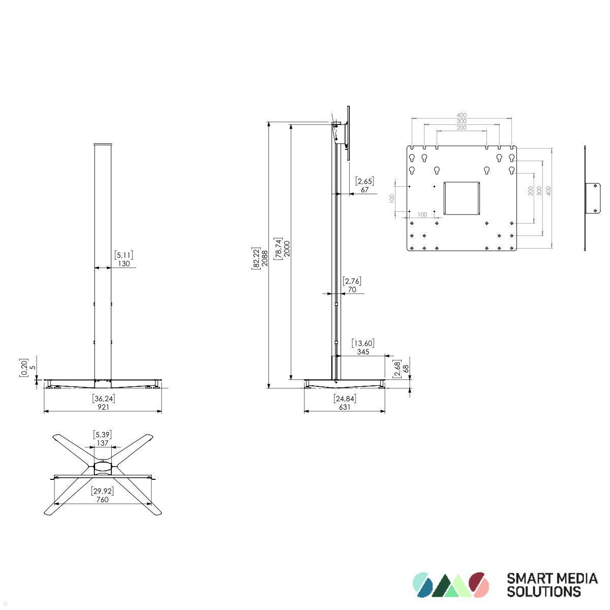 SMS Messekit Set Monitor Standfuß Icon FH T 2000 C (2-teilig) + Transportcase, Skizze Standfuß