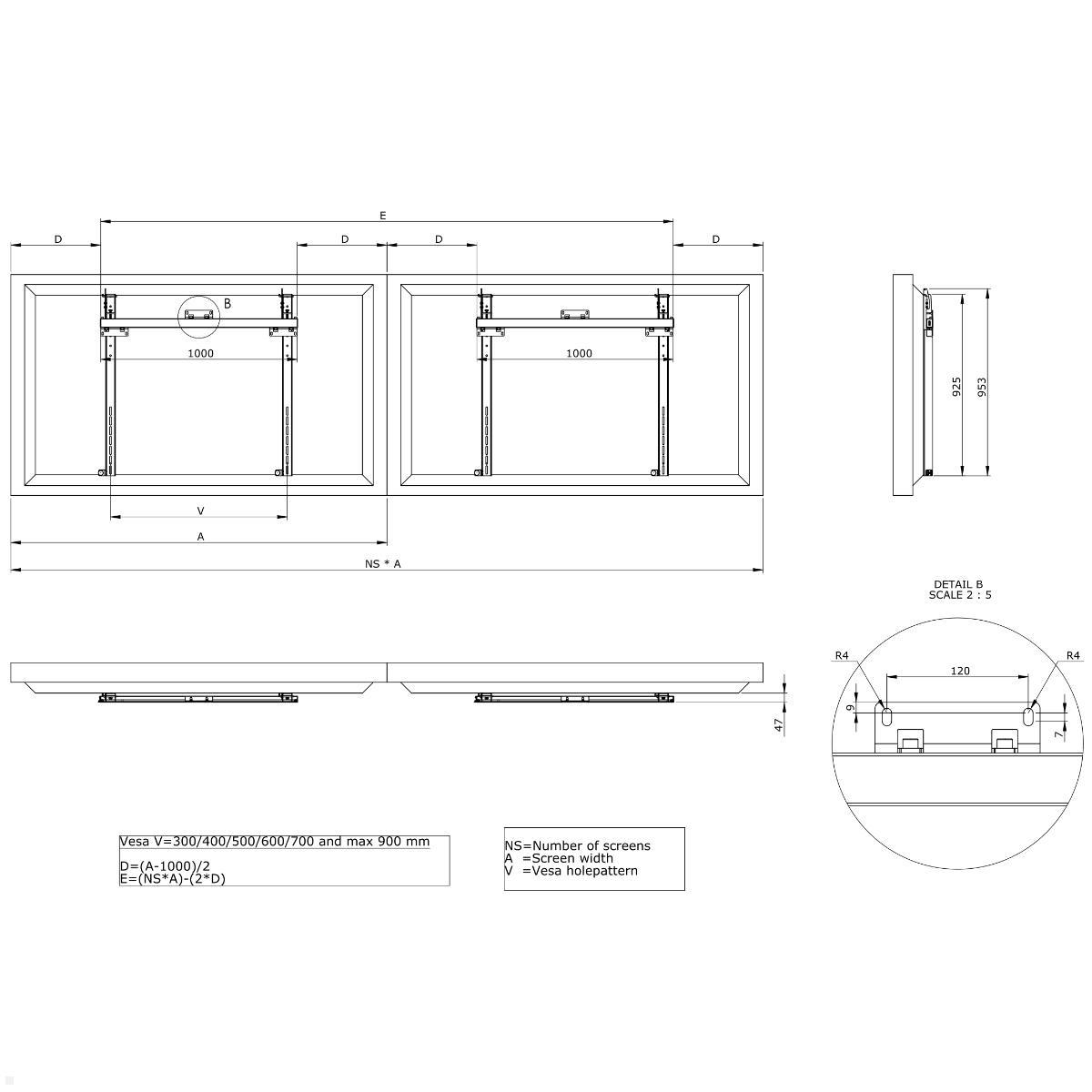 SMS Multi Display Wall XL Monitor Wandhalterung Portrait Hochformat, technische Zeichnung