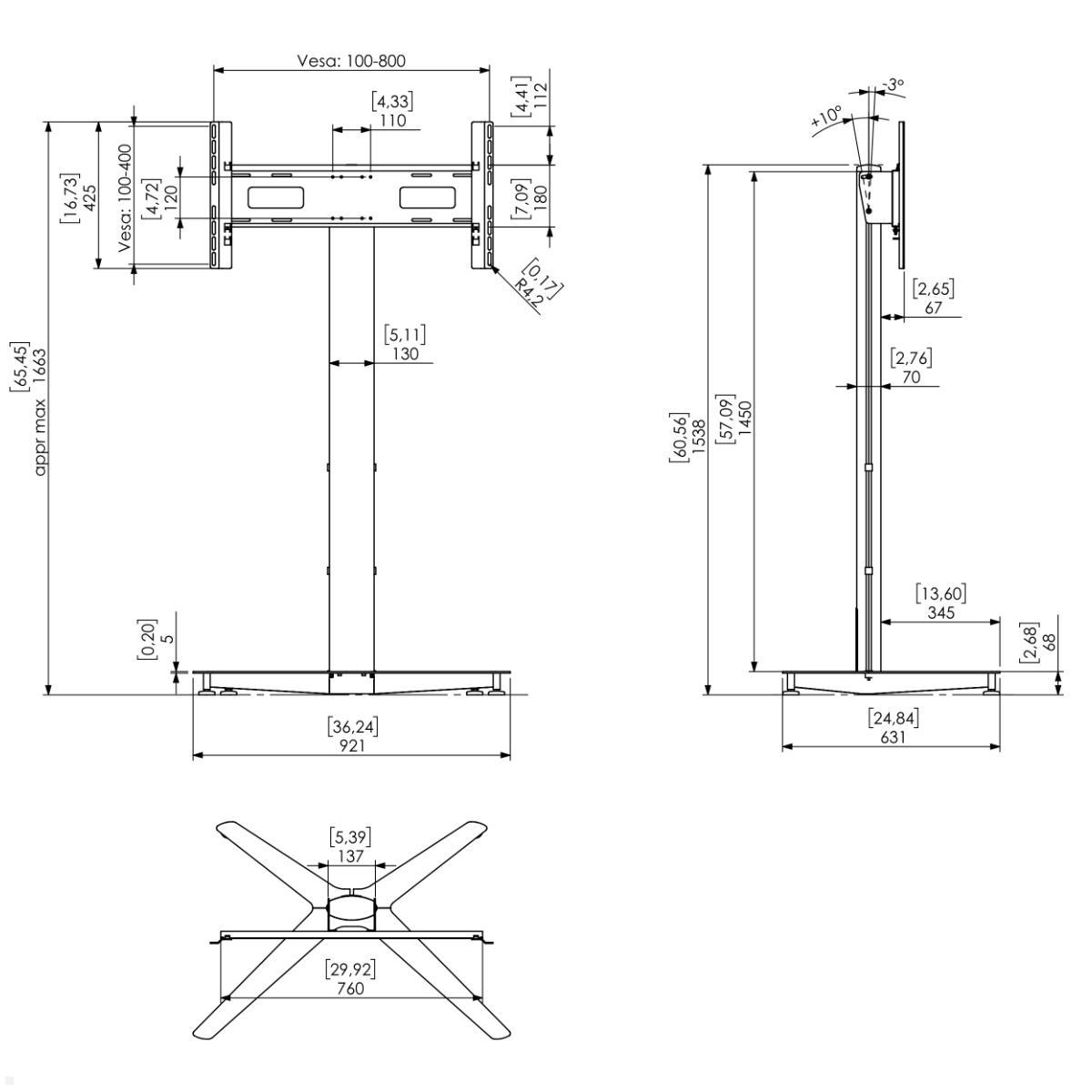 SMS Icon FH T 1450 Monitorständer bis 75 Zoll, silber (K12-030-7), technische Zeichnung