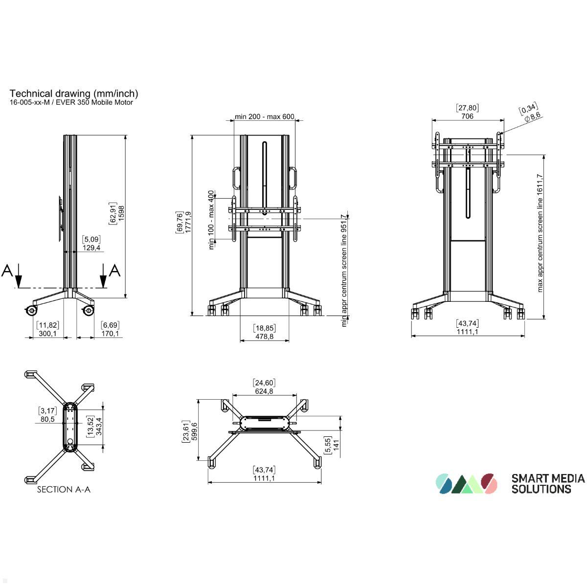 SMS EVER350 mobiler elektrischer TV Ständer 86 Zoll, Alu Cover grau (16-005-9C-M), technische Zeichnung