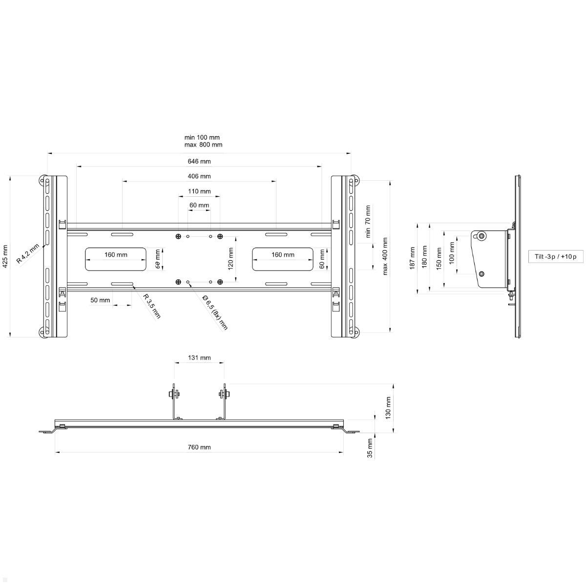 SMS Flatscreen H2 Unislide, silber, technische Zeichnung