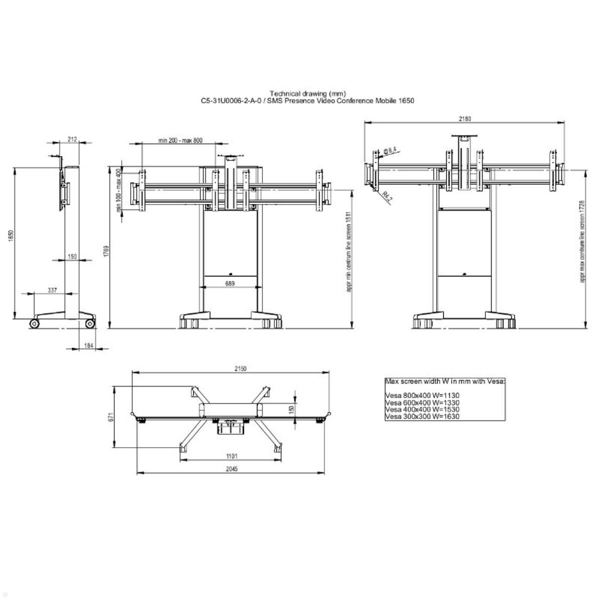 SMS Presence mobiler Videokonferenz Standfuß 1650 mm (C5-31U006-2-A-0) technische Zeichnung