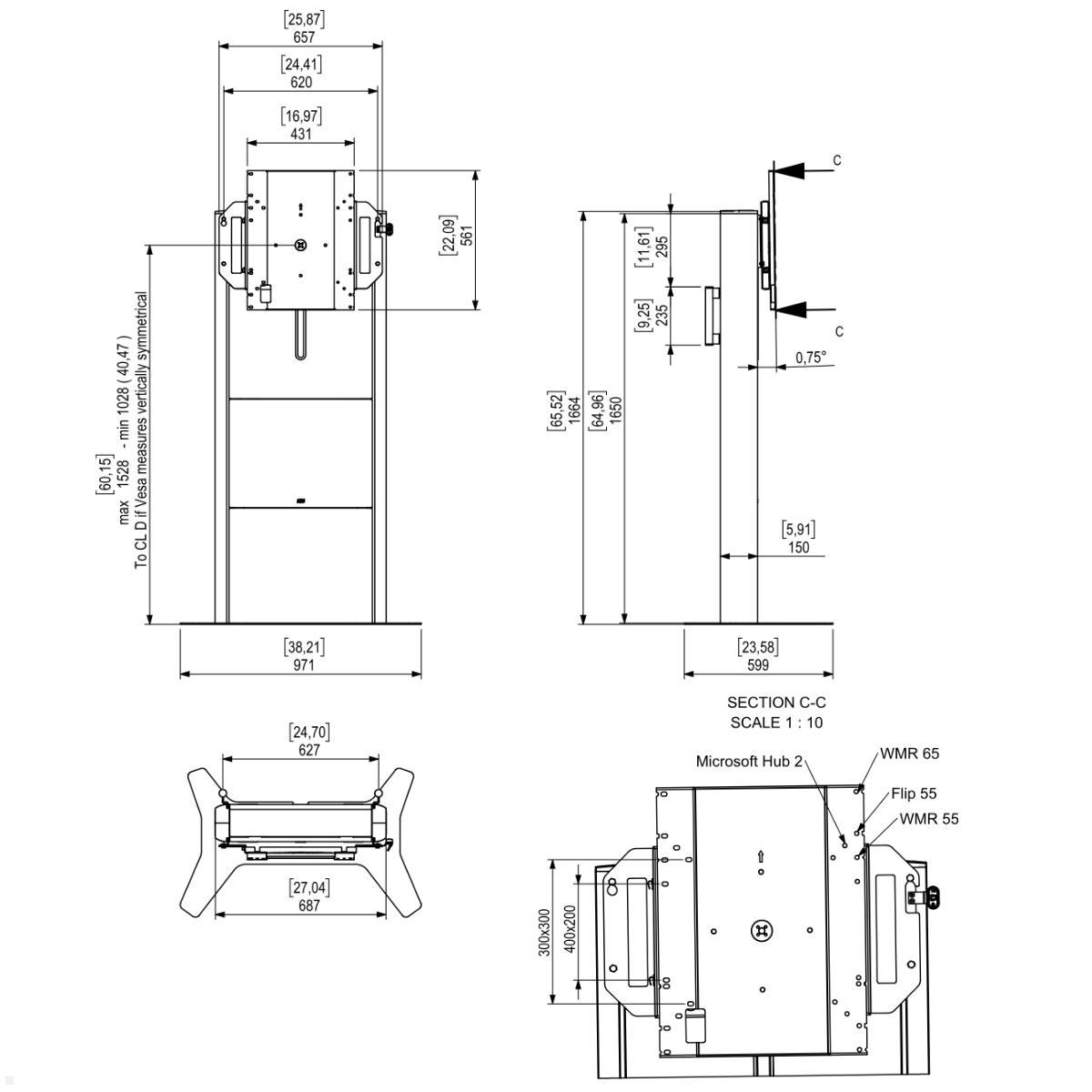 SMS Presence Flipster elektrischer Monitorständer, drehbar (K05-118-22), technische Zeichnung