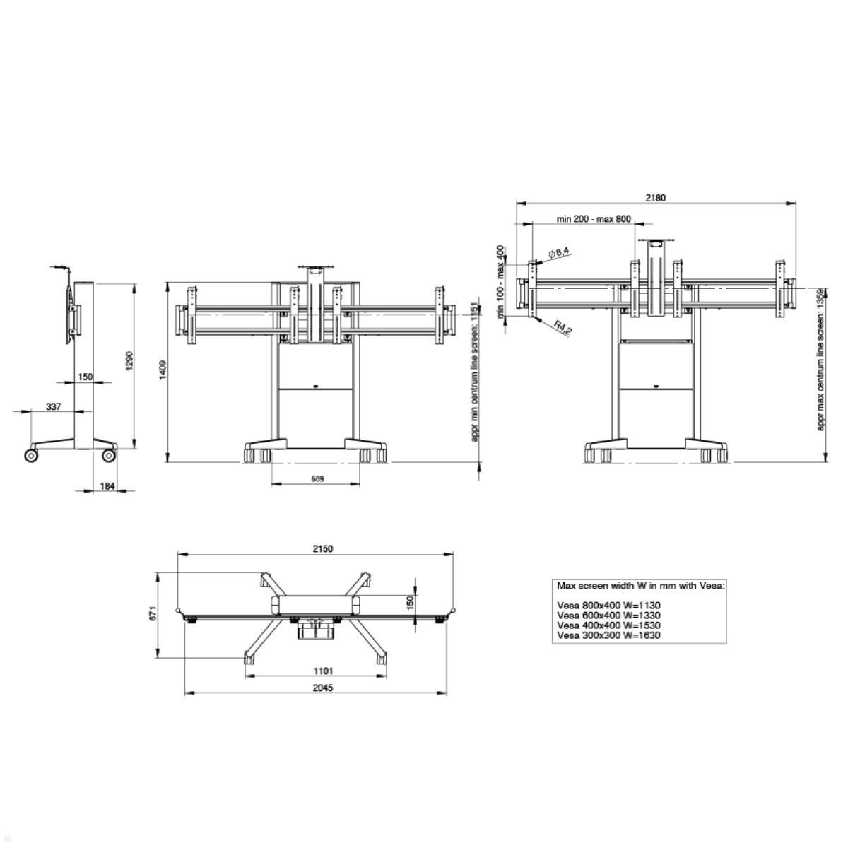 SMS Presence mobiler Videokonferenz Standfuß 1290mm (C5-31U004-2-A-0) technische Zeichnung