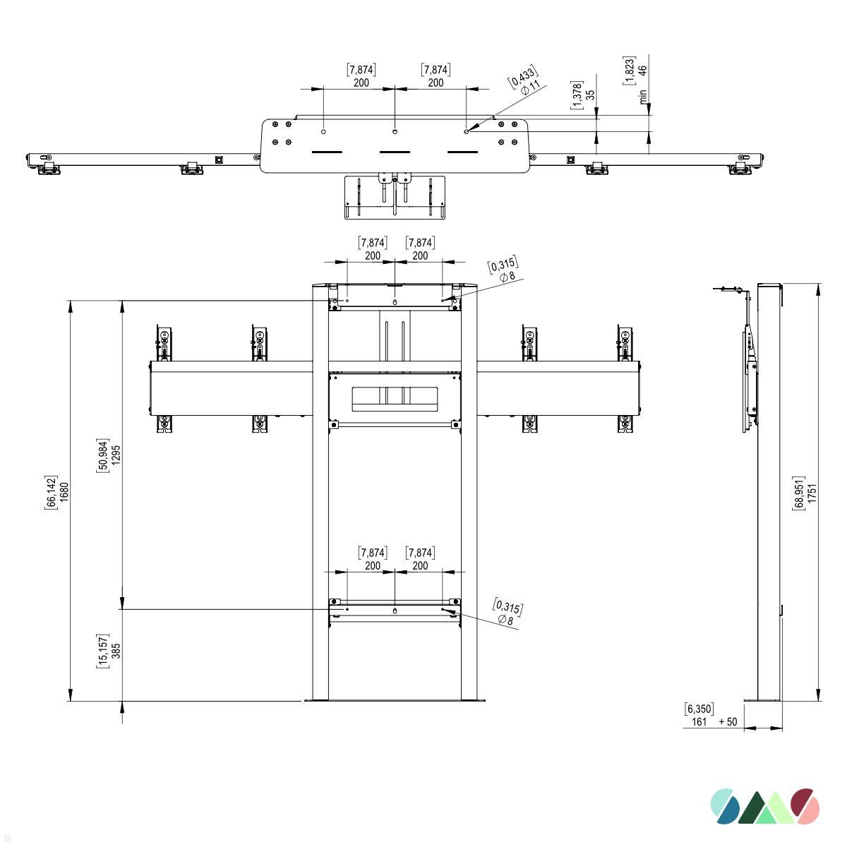 SMS Presence Boden-Wandhalterung für 2 Monitore nebeneinander, max. 120 kg (C591U004-2A0) techische Zeichnung II